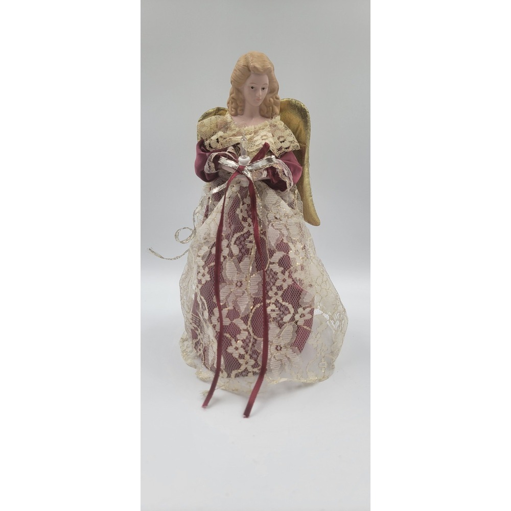 Victorian Christmas Angel Burgundy/Gold Christmas Tree Topper Table Top Vintage